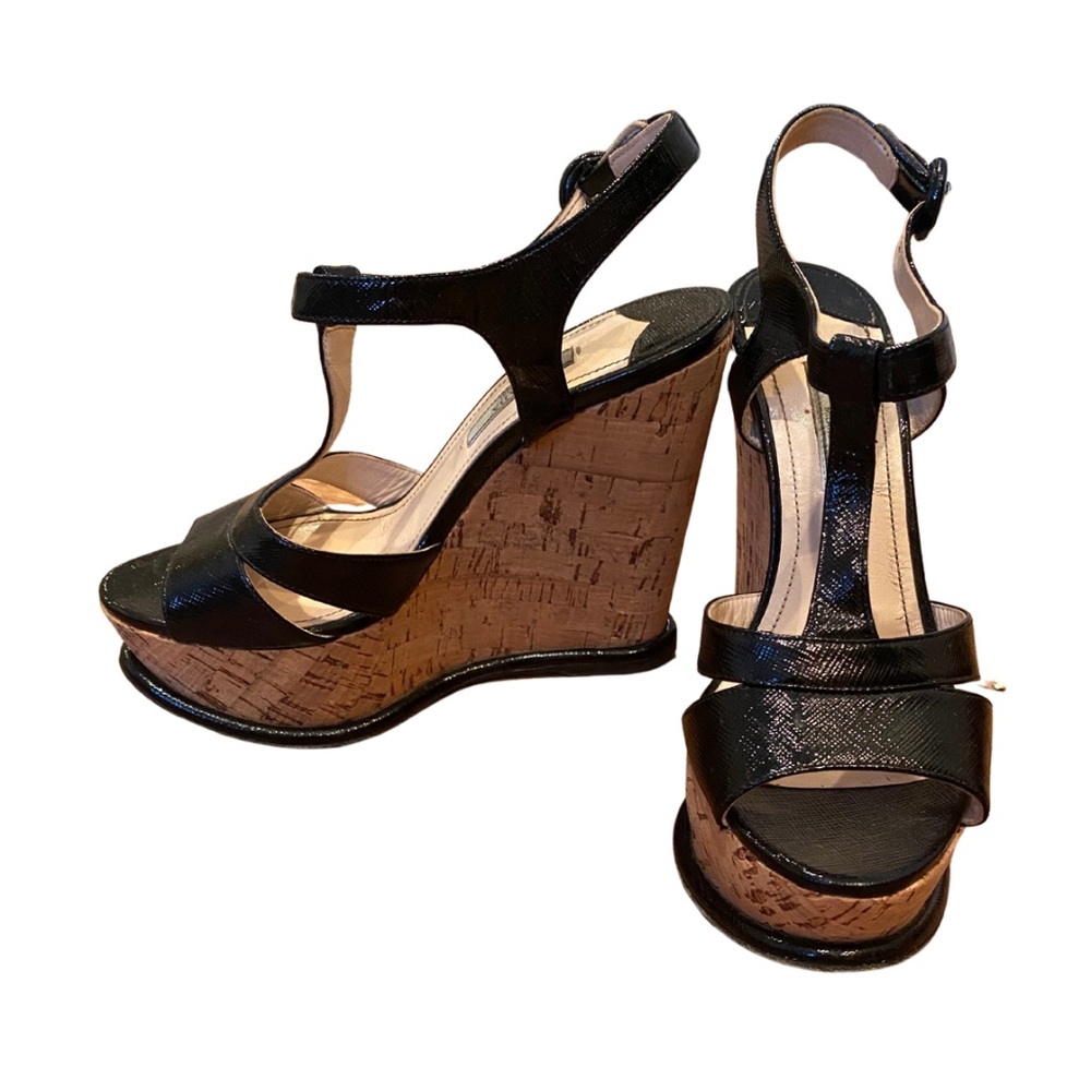 Prade T Strap Cork Wedges, Black - Picture 2 of 6